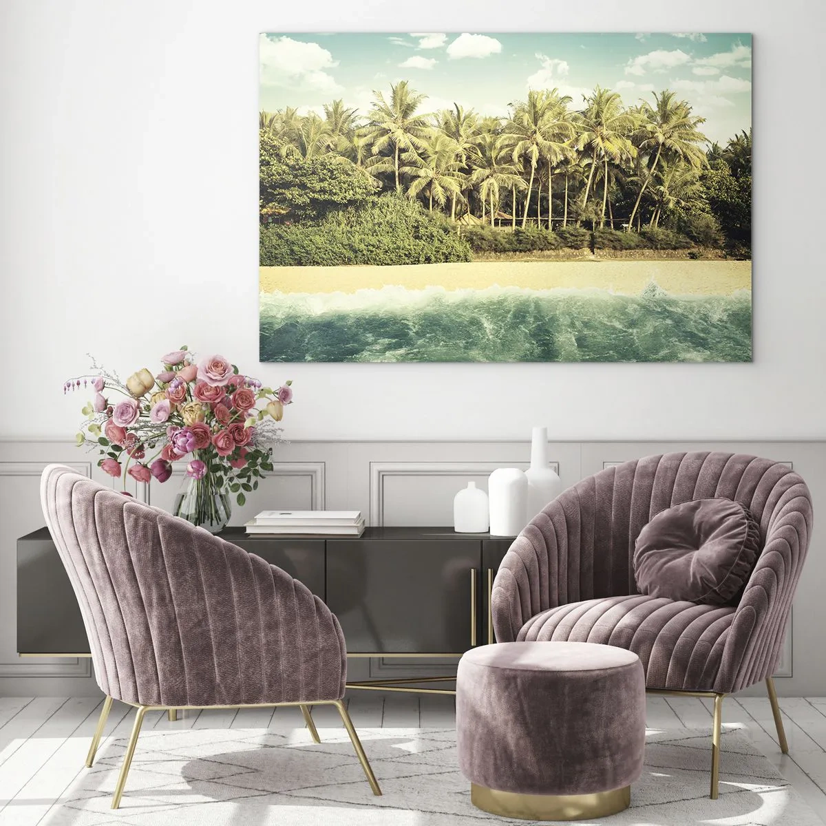 Obraz na skle - Exotická pláž s palmami a tyrkysovým mořem za slunečného dne - 70x50cm - Co třeba tady? - Moderní nástěnná dekorace do obývacího pokoje a ložnice ARTTOR