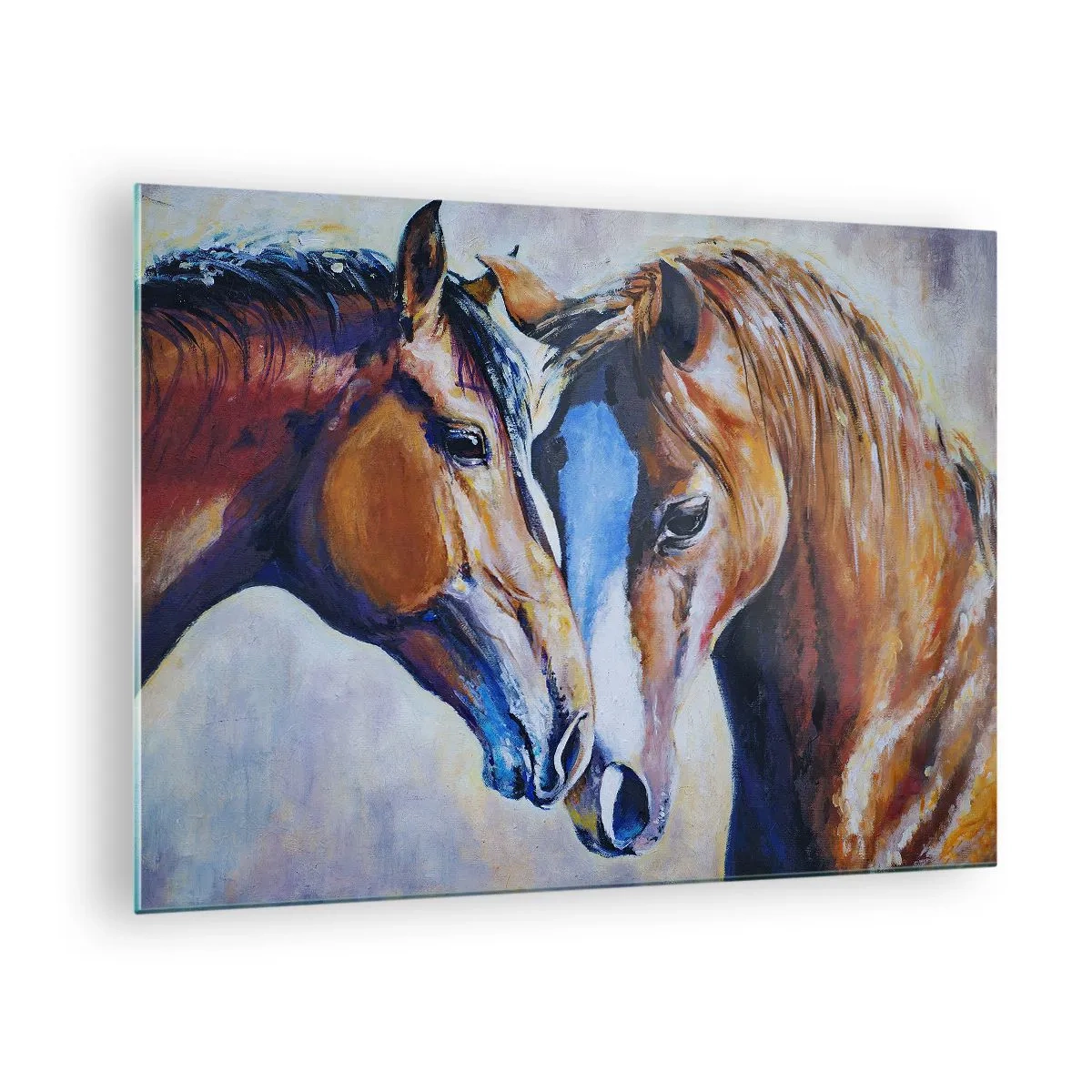 Obraz na skle - Dva koně v něžném gestu blízkosti - 70x50cm - Je to přátelství? Je to láska? - Moderní nástěnná dekorace do obývacího pokoje a ložnice ARTTOR