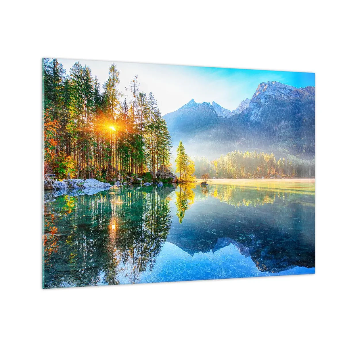 Obraz na skle - Horská krajina s jezerem a ranním sluncem - 70x50cm - Majestát a sladkost - Moderní nástěnná dekorace do obývacího pokoje a ložnice ARTTOR