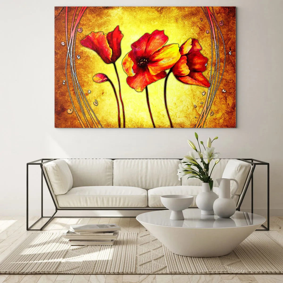 Obraz na skle - Červené vlčí máky na pozadí zlatých odstínů s uměleckými detaily - 70x50cm - V secesní dekoraci - Moderní nástěnná dekorace do obývacího pokoje a ložnice ARTTOR