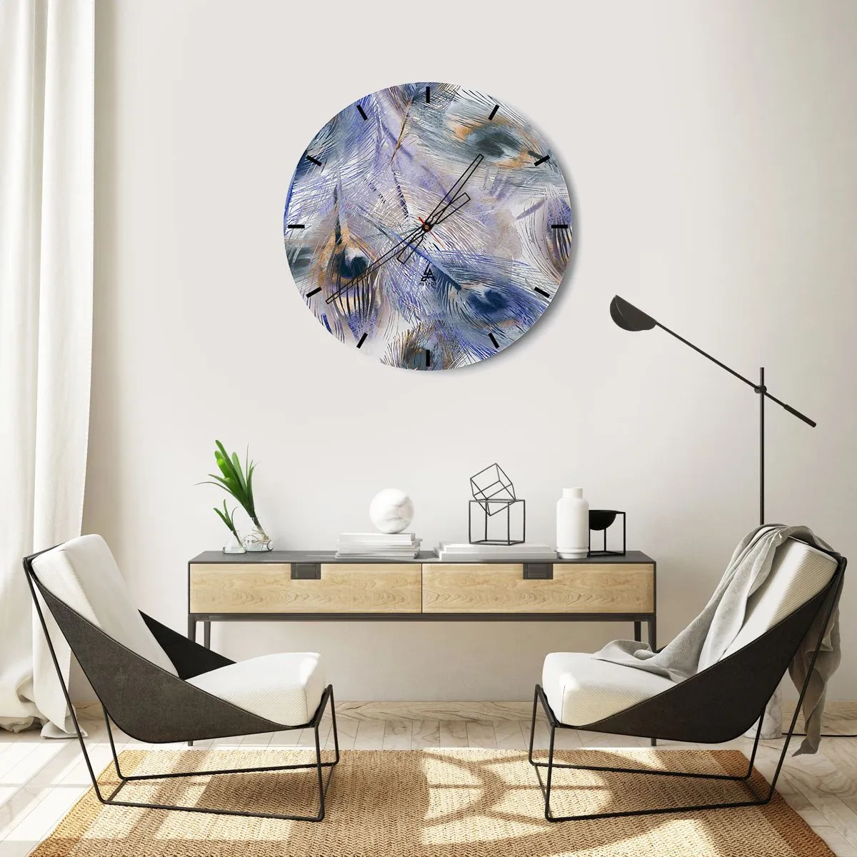 Nástěnné hodiny - Kompozice inspirovaná pavími pery v uměleckém stylu - 30x30cm - Kompozice pavího oka - Moderní nástěnná dekorace do obývacího pokoje, kuchyně a ložnice ARTTOR
