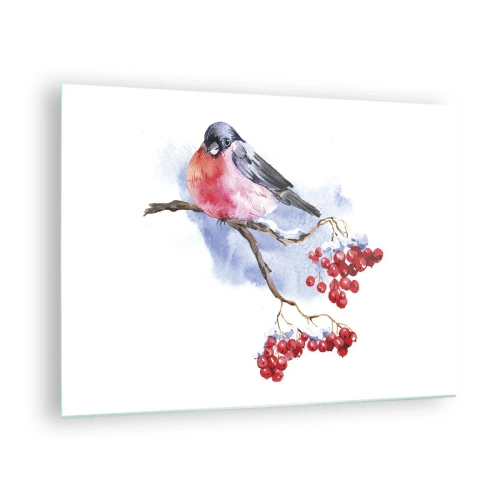Obraz na skle - Pták na větvi jeřábu - 70x50cm - Barevná zima - Moderní nástěnná dekorace do obývacího pokoje a ložnice ARTTOR