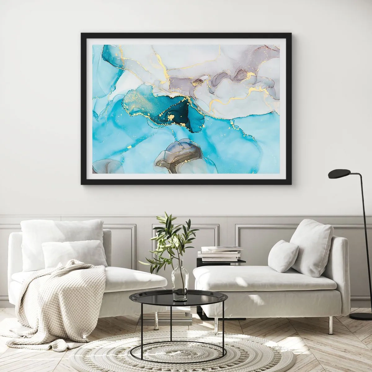 Plakát v černém rámu - Studie o setkání šedé a tyrkysové - 70x50 cm