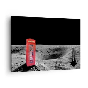 Obraz na plátně - Červená telefonní budka na Měsíci - 70x50cm - Kosmický žert - Moderní nástěnná dekorace do obývacího pokoje a ložnice ARTTOR