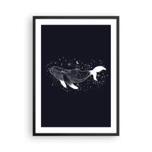 Plakát v černém rámu - Vesmírná velryba v grafickém stylu na černém pozadí - 50x70cm - V oceánu vesmíru - Moderní nástěnná dekorace do obývacího pokoje a ložnice ARTTOR
