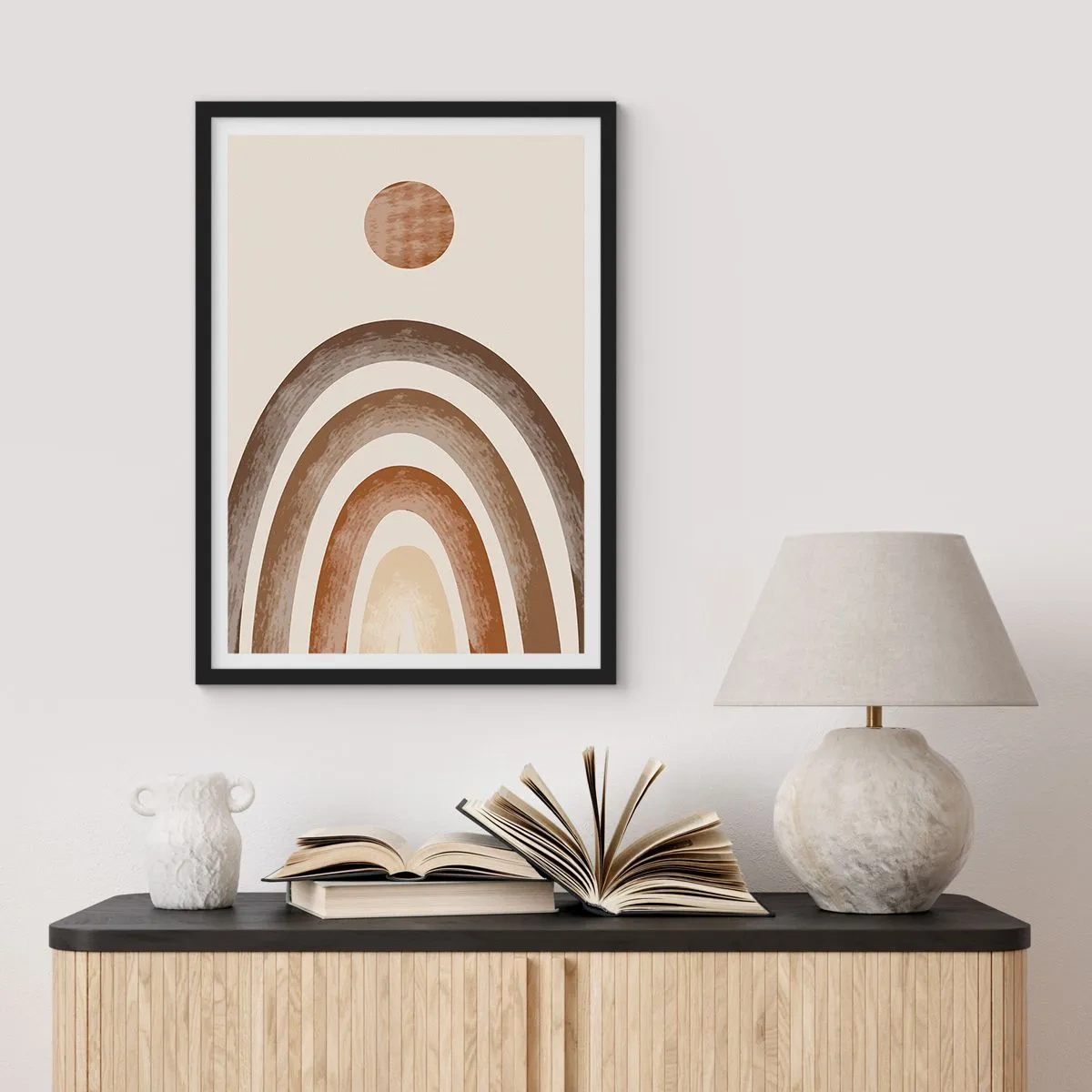 Plakát v černém rámu - Abstraktní motiv oblouků a slunce v zemitých tónech - 50x70cm - V předaleké galaxii - Moderní nástěnná dekorace do obývacího pokoje a ložnice ARTTOR