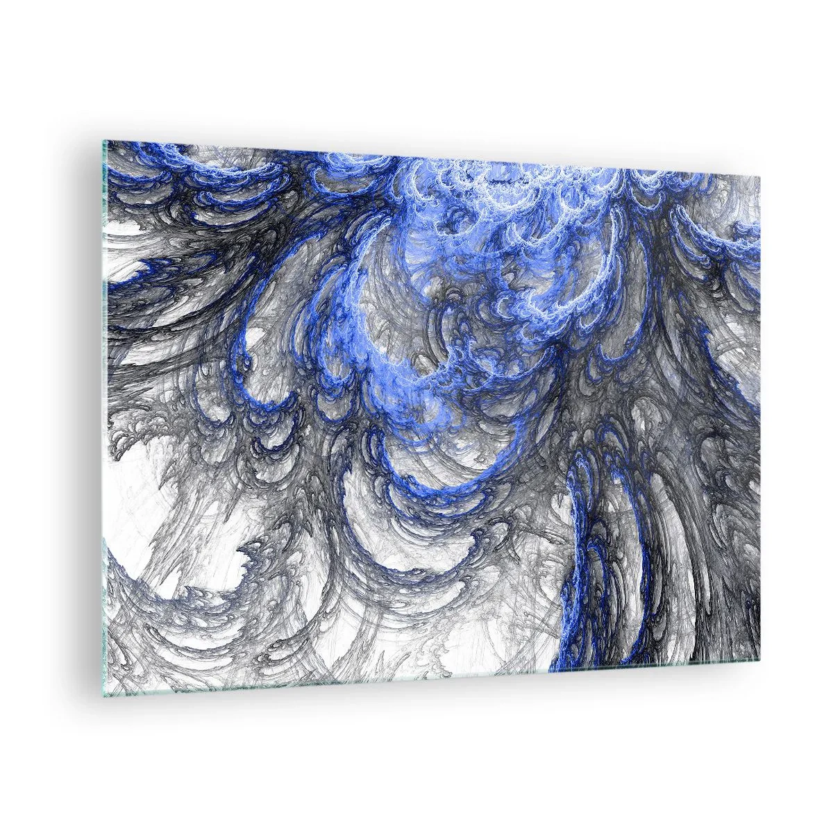 Obraz na skle - Dynamická abstrakce v odstínech modré a šedé - 70x50cm - Zrod vlny - Moderní nástěnná dekorace do obývacího pokoje a ložnice ARTTOR