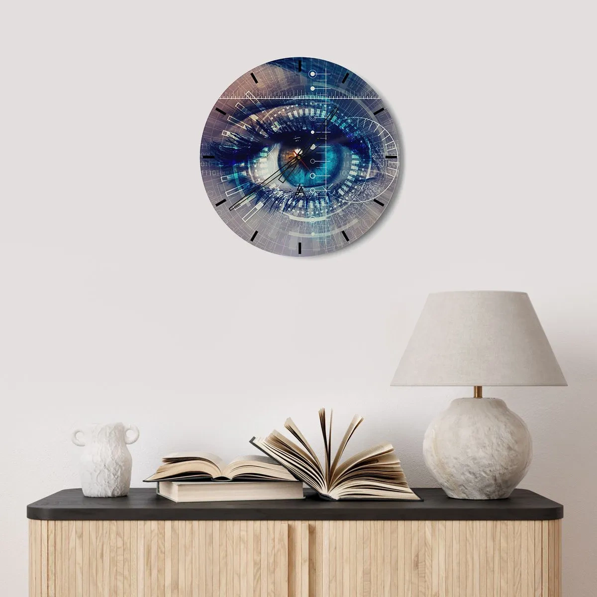 Nástěnné hodiny - Oko obklopené digitální grafikou - 30x30cm - Myslíš si, že mě znáš - Moderní nástěnná dekorace do obývacího pokoje, kuchyně a ložnice ARTTOR