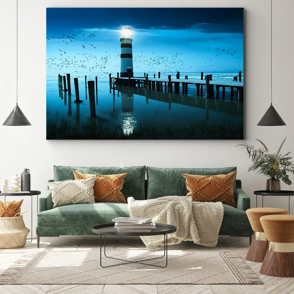 Obraz na plátně - Maják na molu osvětlený v noci - 70x50cm - A nebojíš se tmy - Moderní nástěnná dekorace do obývacího pokoje a ložnice ARTTOR