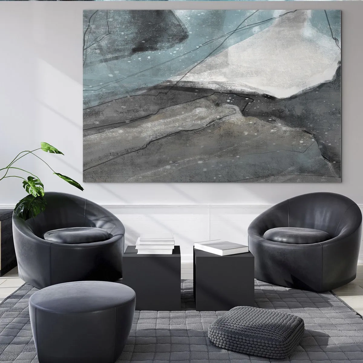 Obraz na skle - Abstraktní zobrazení skal a ledu v chladné barevné paletě. - 70x50cm - Abstrakce: skály a led - Moderní nástěnná dekorace do obývacího pokoje a ložnice ARTTOR