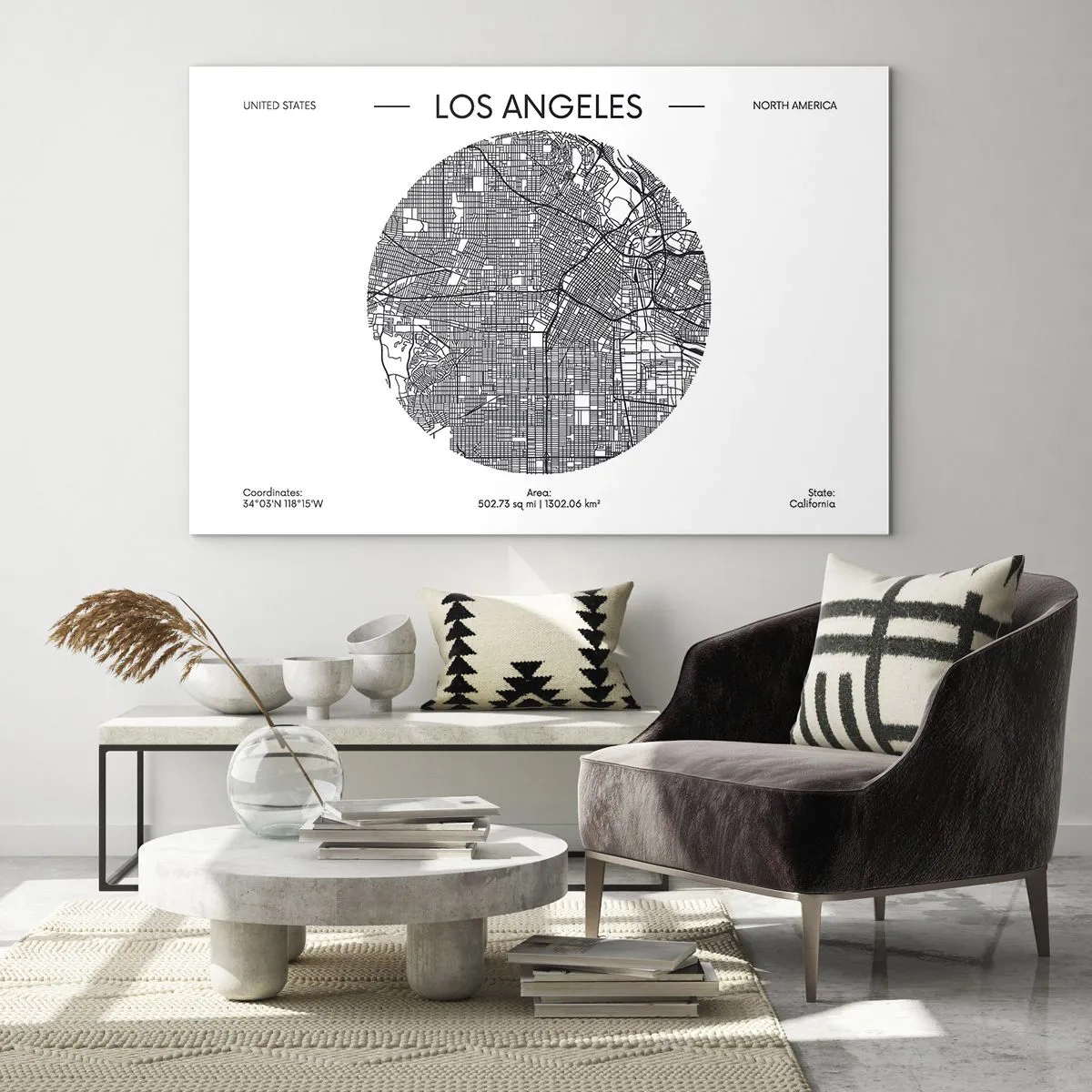 Obraz na skle - Minimalistická černobílá mapa Los Angeles. - 70x50cm - Anatomie Los Angeles - Moderní nástěnná dekorace do obývacího pokoje a ložnice ARTTOR
