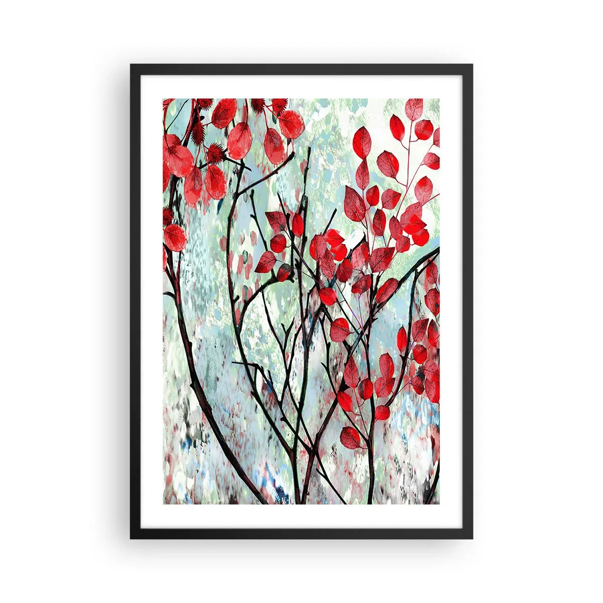 Plakát v černém rámu - Červené listy na abstraktní texturu pozadí - 50x70cm - Strom v šarlatové - Moderní nástěnná dekorace do obývacího pokoje a ložnice ARTTOR