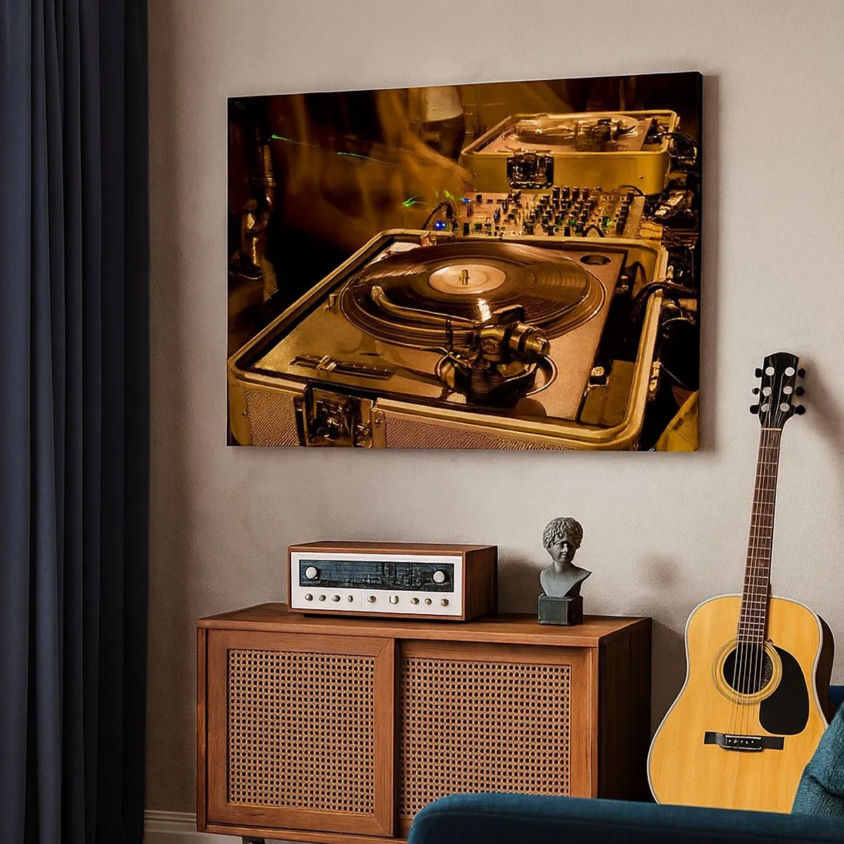 Obraz na plátně - DJ vybavení s gramofonem a mixérem během večírku - 70x50cm - Cítíš tu sílu? - Moderní nástěnná dekorace do obývacího pokoje a ložnice ARTTOR