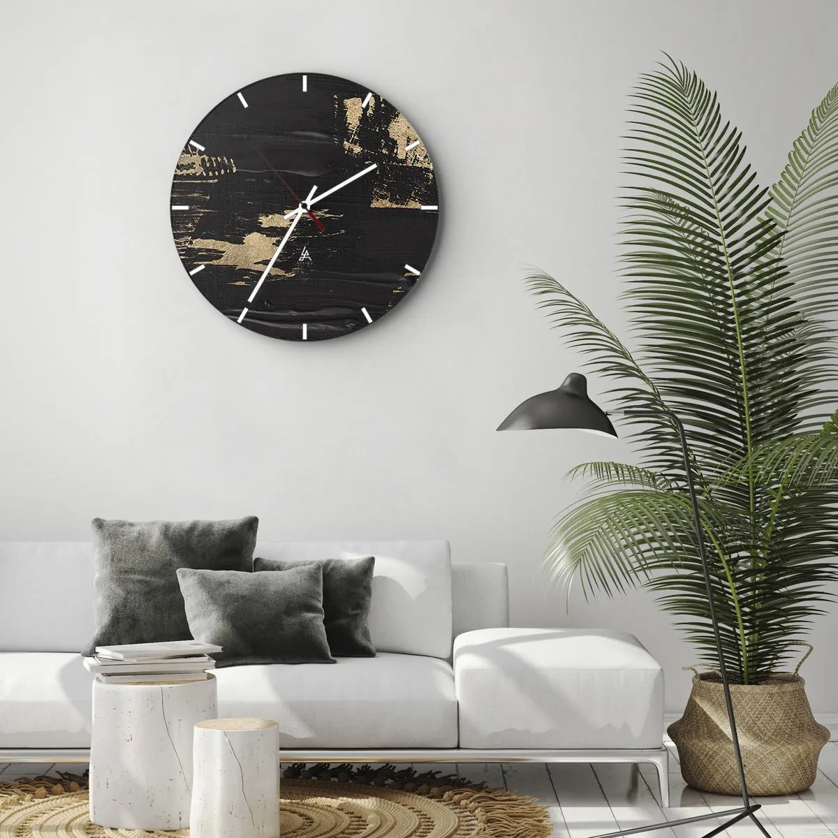 Nástěnné hodiny - Černé pozadí s dynamickými tahy zlaté barvy - 30x30cm - Stopa doteku - Moderní nástěnná dekorace do obývacího pokoje, kuchyně a ložnice ARTTOR