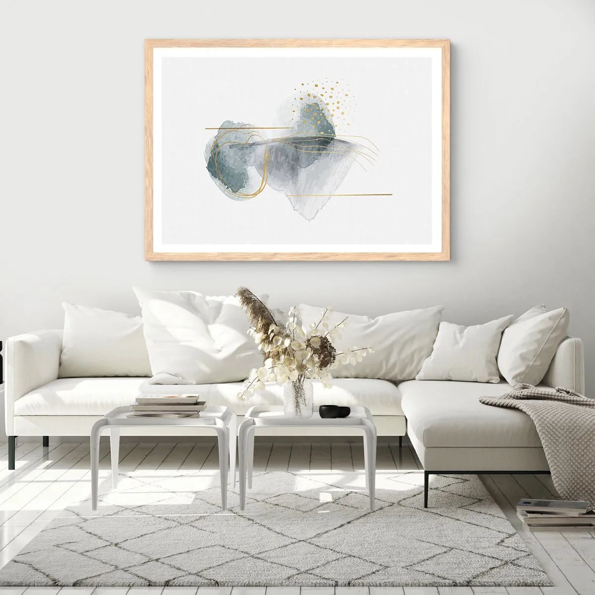 Plakát v rámu světlý dub - O vztahu mezi šedou a zlatou - 70x50 cm