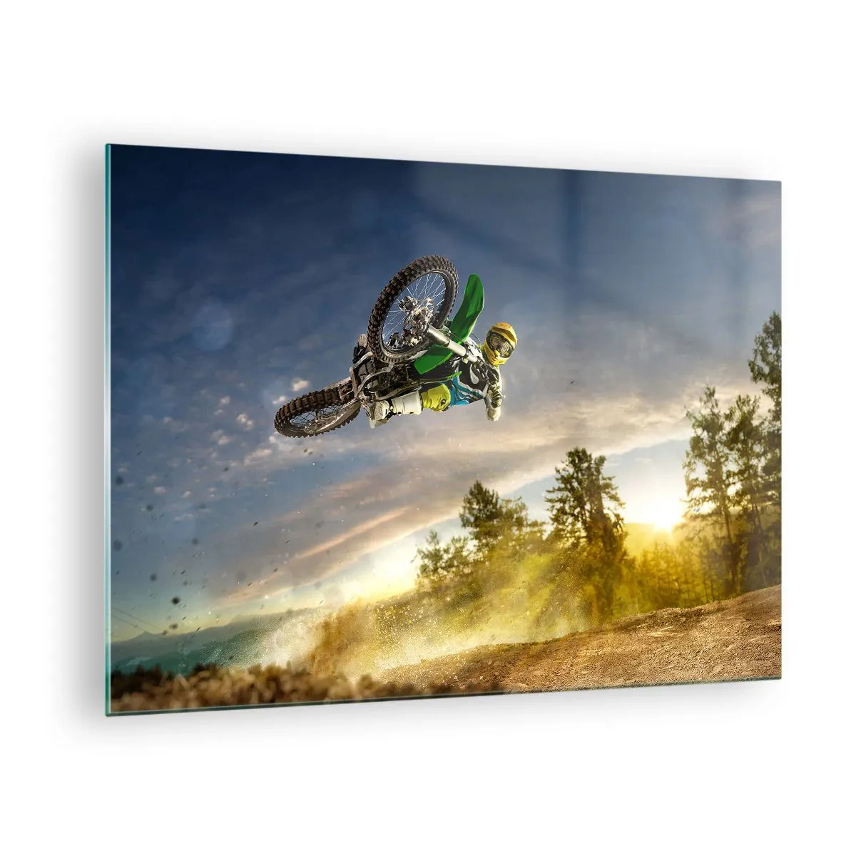 Obraz na skle - Motocyklista v akci na pozadí zapadajícího slunce - 70x50cm - Zapni emoce! - Moderní nástěnná dekorace do obývacího pokoje a ložnice ARTTOR