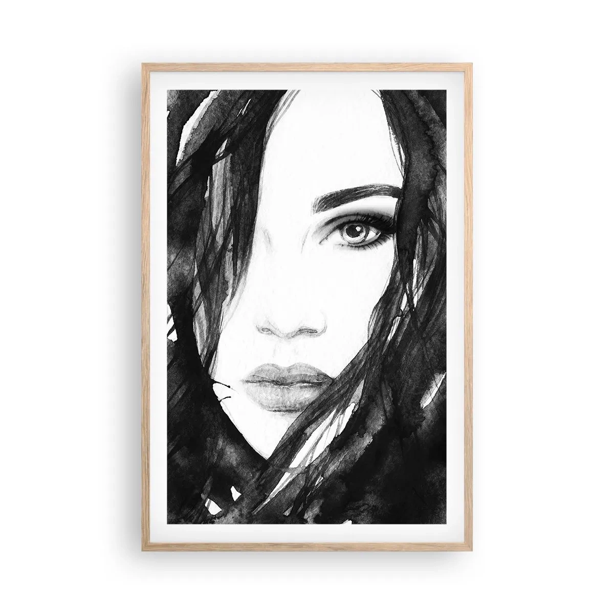 Plakát v rámu světlý dub - Portrét dámy v černé a bílé - 61x91 cm