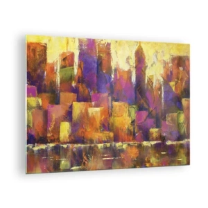 Obraz na skle - Abstraktní metropole v teplých barvách s akcenty fialové. - 70x50cm - Metropolitní kompozice - Moderní nástěnná dekorace do obývacího pokoje a ložnice ARTTOR