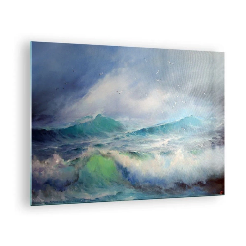 Obraz na skle - Rozbouřené oceánské vlny s ptáky v zatažené obloze - 70x50cm - „Vichřice zavyla triumfálně…“ - Moderní nástěnná dekorace do obývacího pokoje a ložnice ARTTOR