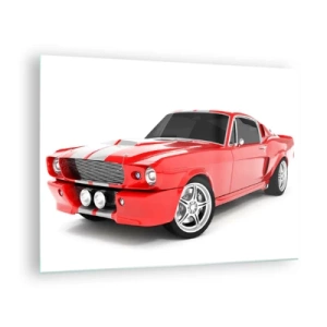 Obraz na skle - Červený klasický sportovní vůz Mustang - 70x50cm - Mustang rychlý jako vítr - Moderní nástěnná dekorace do obývacího pokoje a ložnice ARTTOR