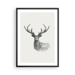 Plakát v černém rámu - Geometrická silueta jelena v černobílém stylu - 50x70cm - Jelen v kubistickém stylu - Moderní nástěnná dekorace do obývacího pokoje a ložnice ARTTOR