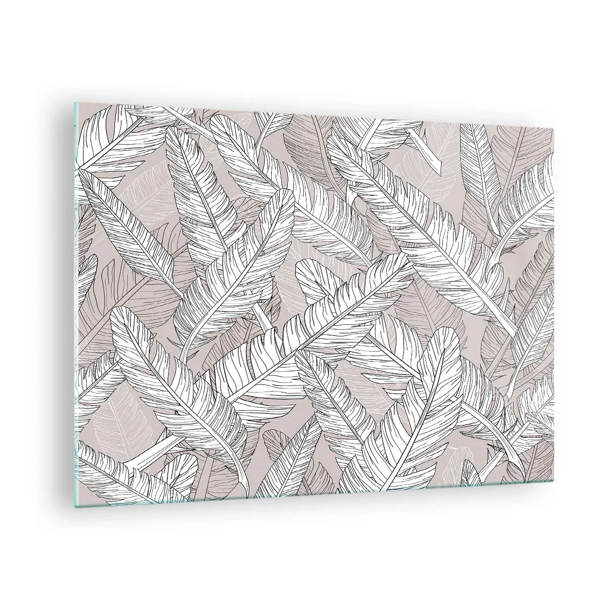 Obraz na skle - Černobílé listy na béžovém pozadí v grafickém stylu - 70x50cm - Víření peří - Moderní nástěnná dekorace do obývacího pokoje a ložnice ARTTOR