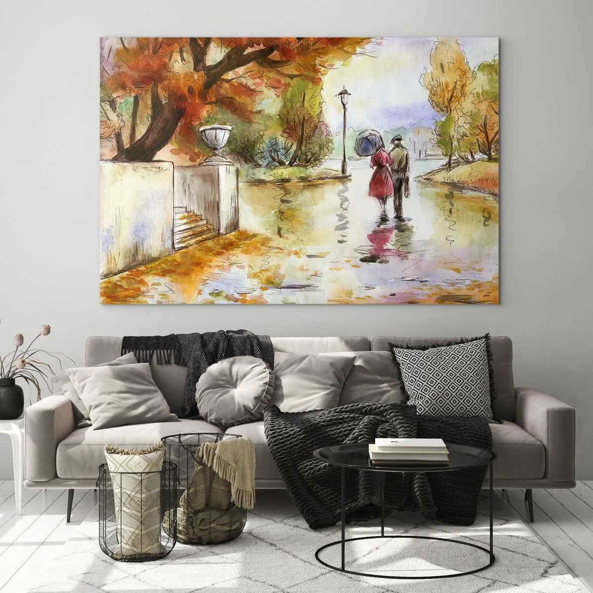 Obraz na skle - Podzimní procházka páru parkem s barevným listím - 70x50cm - Romantický podzim v parku - Moderní nástěnná dekorace do obývacího pokoje a ložnice ARTTOR