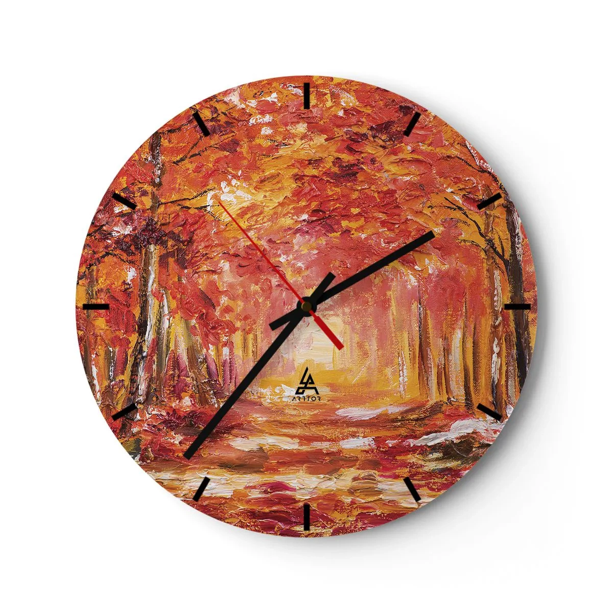 Nástěnné hodiny - Podzimní les v teplých odstínech červené a oranžové - 30x30cm - Měděný les - Moderní nástěnná dekorace do obývacího pokoje, kuchyně a ložnice ARTTOR
