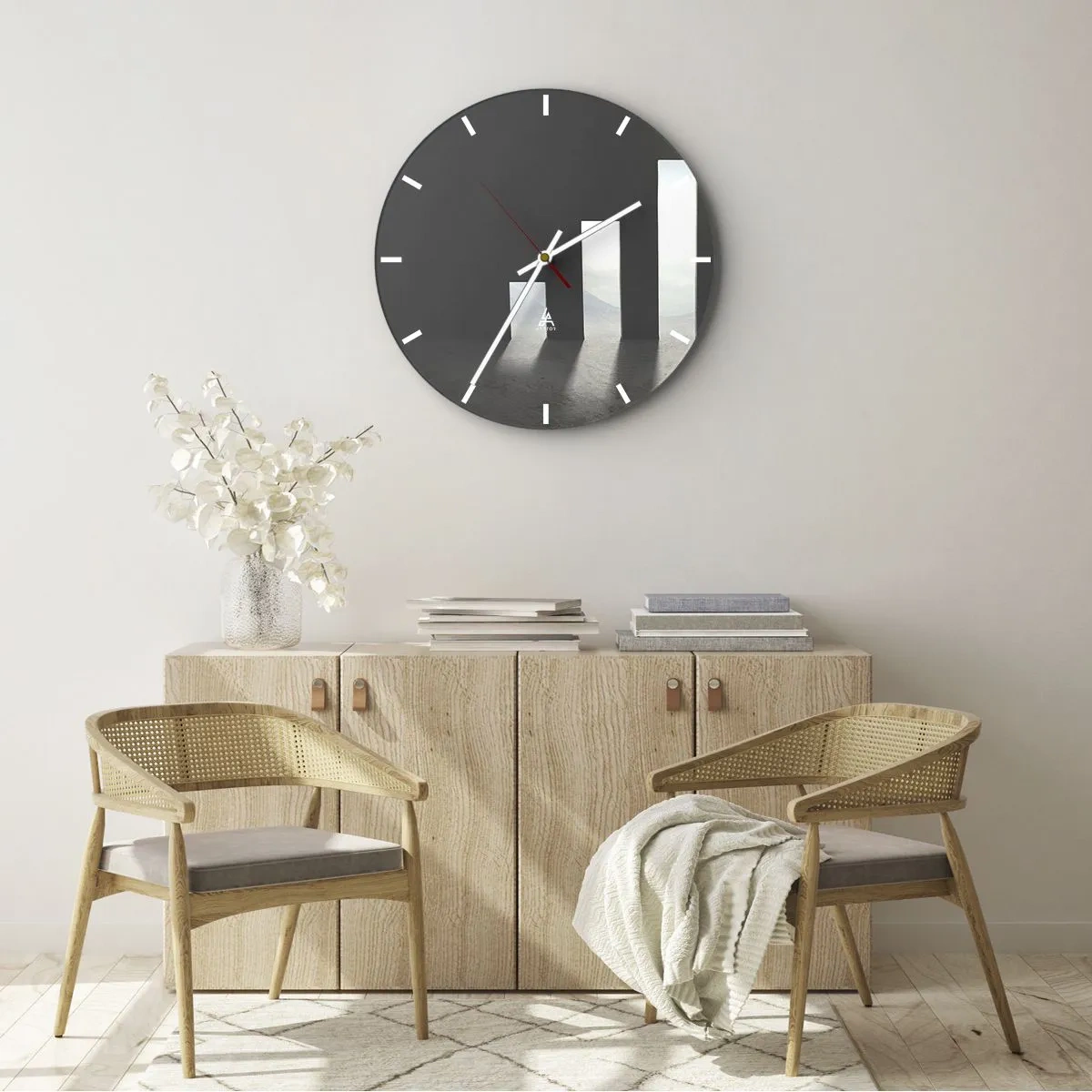 Nástěnné hodiny - Silueta muže ve světle geometrických portálů - 30x30cm - Úspěch – imprese - Moderní nástěnná dekorace do obývacího pokoje, kuchyně a ložnice ARTTOR