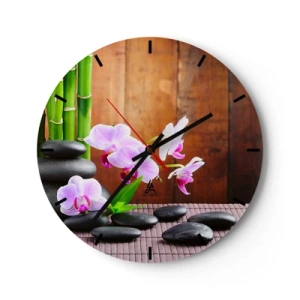 Nástěnné hodiny - Fialové orchideje s bambusem a kameny - 30x30cm - Seznamte se s potěšením východu - Moderní nástěnná dekorace do obývacího pokoje, kuchyně a ložnice ARTTOR
