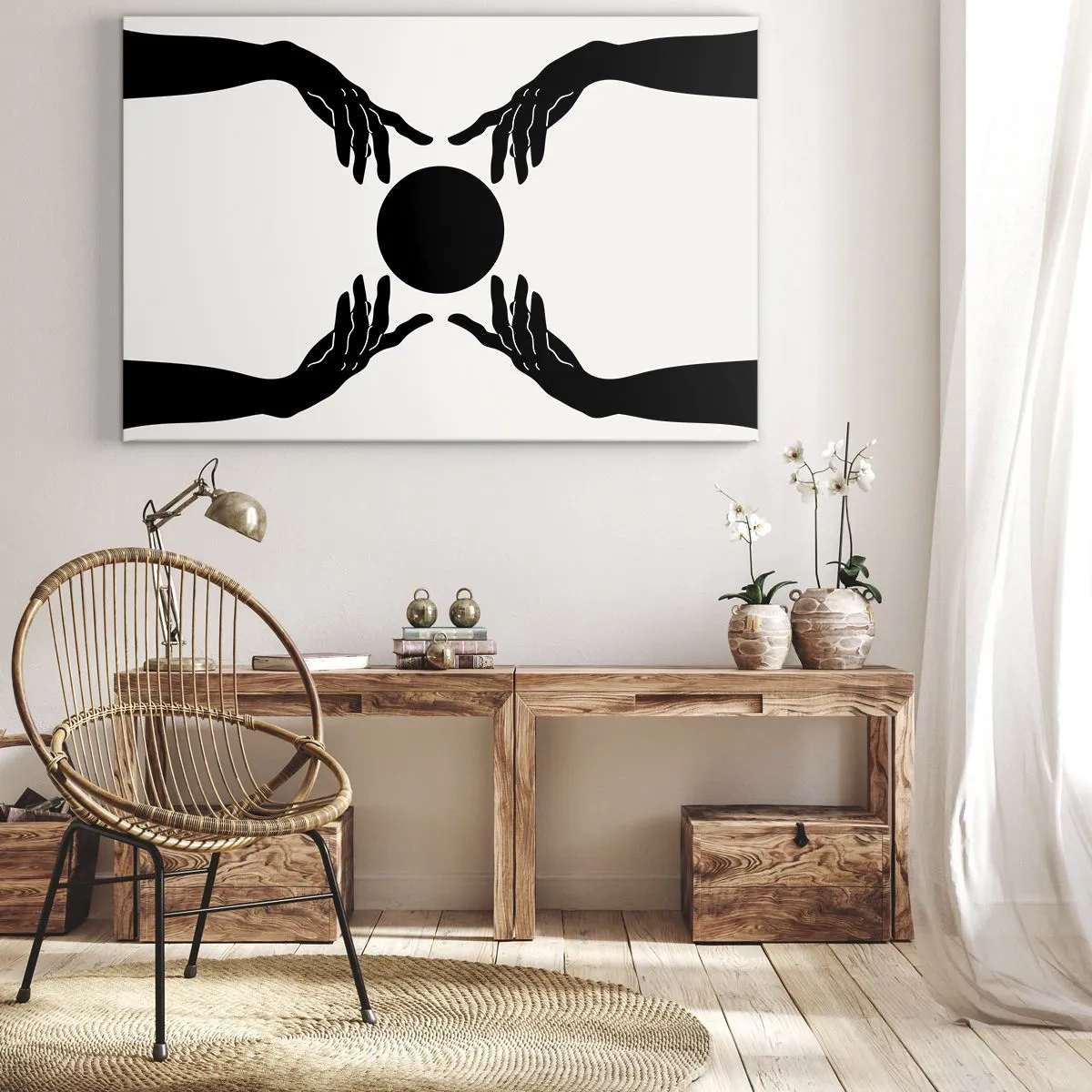 Obraz na plátně - Černé ruce v symetrické kompozici s míčem - 70x50cm - Tajné znamení - Moderní nástěnná dekorace do obývacího pokoje a ložnice ARTTOR