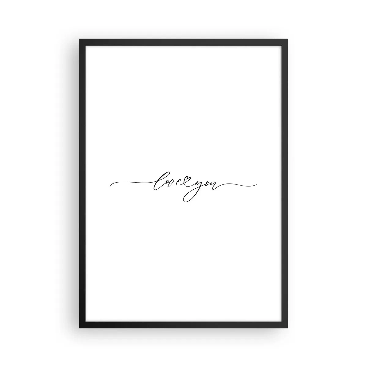 Plakát v černém rámu - Minimalistický nápis "Miluji tě" na bílém pozadí - 50x70cm - Černé na bílém - Moderní nástěnná dekorace do obývacího pokoje a ložnice ARTTOR