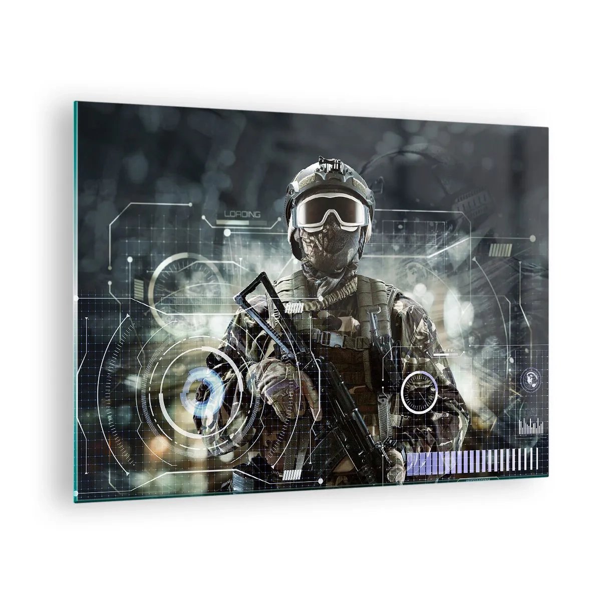 Obraz na skle - Voják v taktické výstroji na pozadí futuristického rozhraní. - 70x50cm - Ještě větší síla - Moderní nástěnná dekorace do obývacího pokoje a ložnice ARTTOR