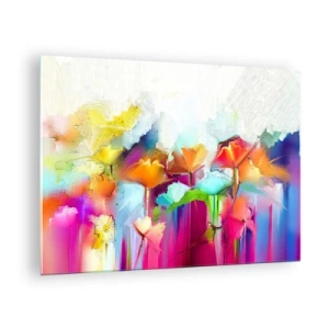 Obraz na skle - Abstraktní květiny v intenzivních barvách duhy - 70x50cm - Duha rozkvetla - Moderní nástěnná dekorace do obývacího pokoje a ložnice ARTTOR