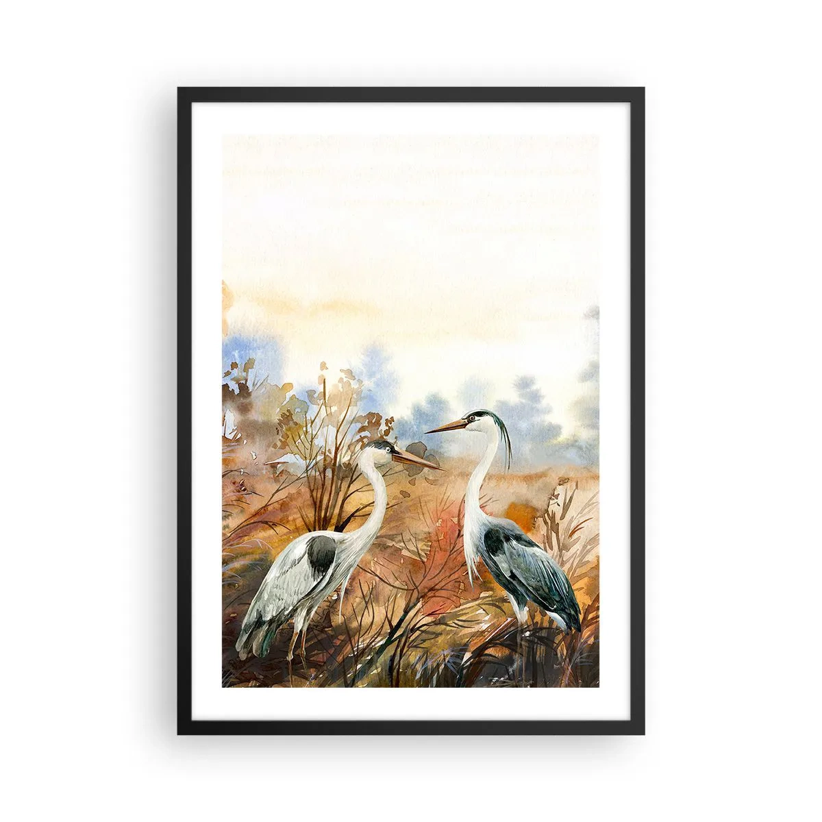 Plakát v černém rámu - Jeřábi na pozadí podzimní krajiny v akvarelu - 50x70cm - Kam na podzim? - Moderní nástěnná dekorace do obývacího pokoje a ložnice ARTTOR