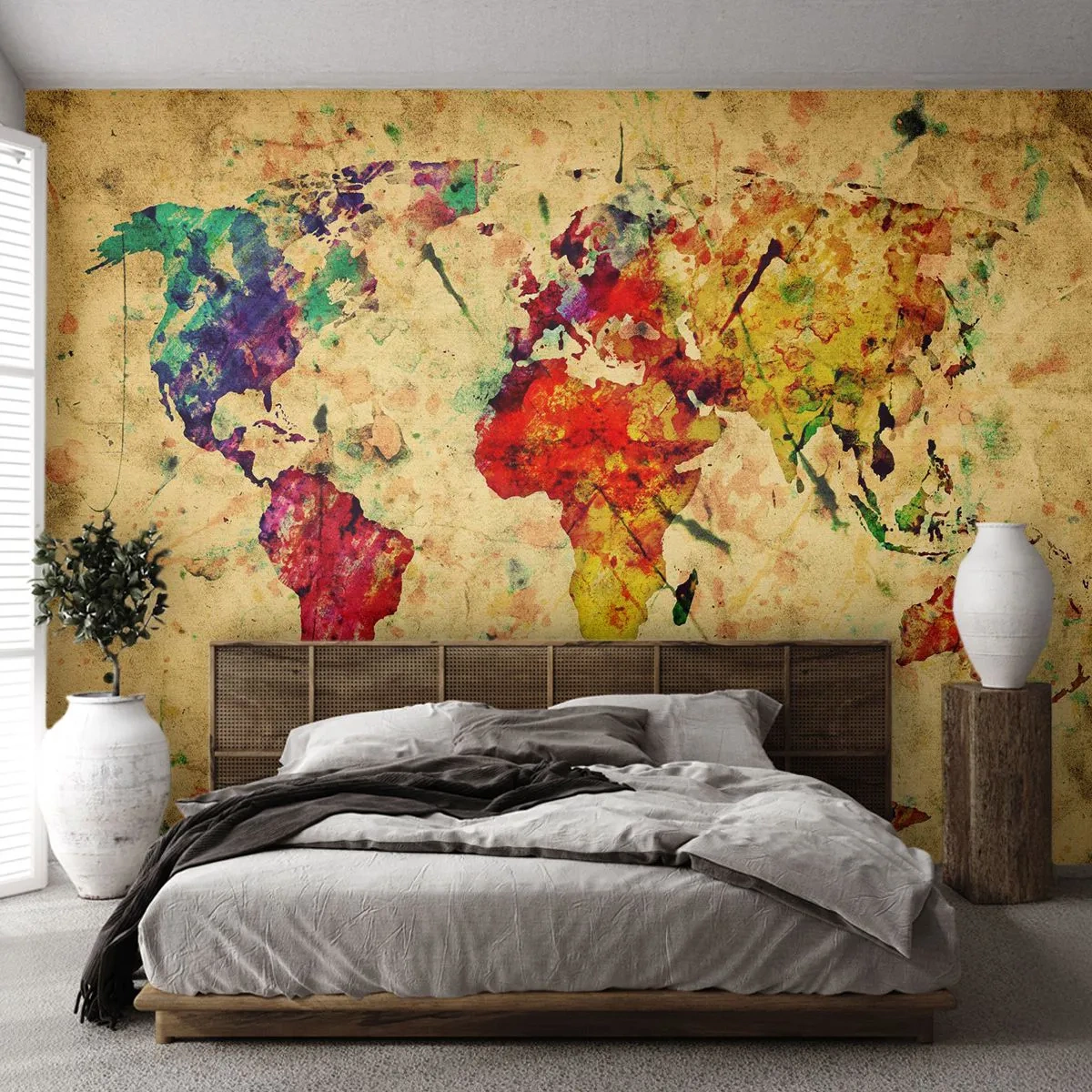Fototapeta Standard Eco - Barevná mapa světa s akvarelem - 100x70cm - Život je barevný jako papír mapy - Moderní nástěnná dekorace do obývacího pokoje a ložnice ARTTOR