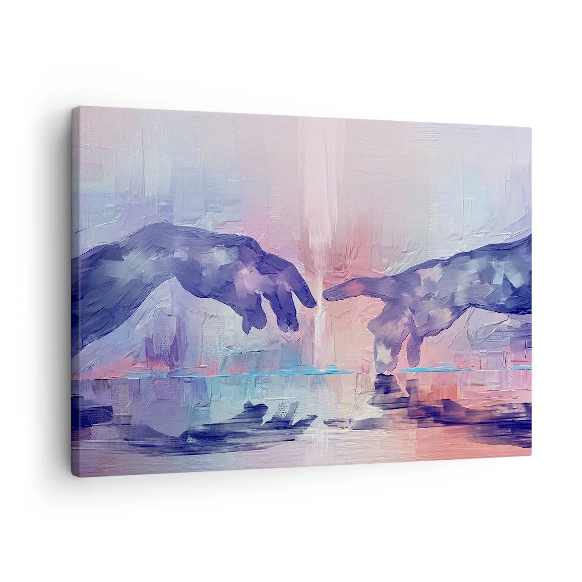 Obraz na plátně - Symbolické ruce v abstraktních barvách, odkazující na téma stvoření - 70x50cm - Božská jiskra života - Moderní nástěnná dekorace do obývacího pokoje a ložnice ARTTOR