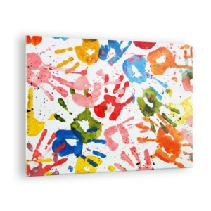 Obraz na skle - Barevné otisky rukou na bílém pozadí - 70x50cm - Jdi ve stopách - Moderní nástěnná dekorace do obývacího pokoje a ložnice ARTTOR