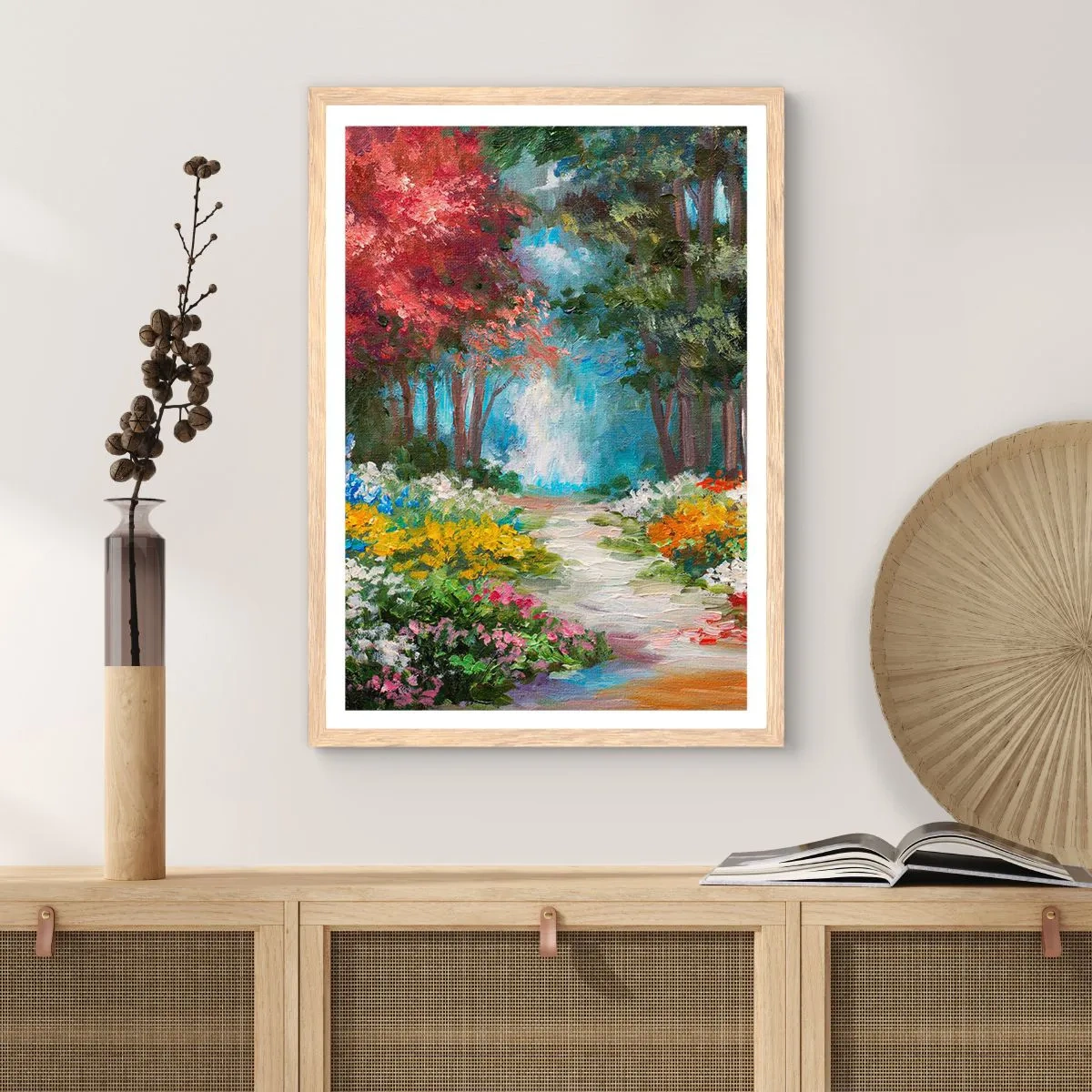Plakát v rámu světlý dub - Lesní zahrada, květinový les - 70x100 cm