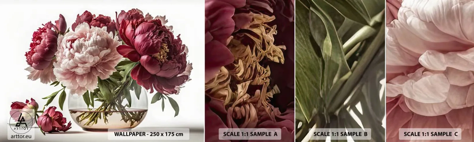 Vzor Fototapety Samolepicí Deluxe Sticker - V plném rozkvětu krásy - Kytice květin, Váza, Pivoňky - 100x30 cm