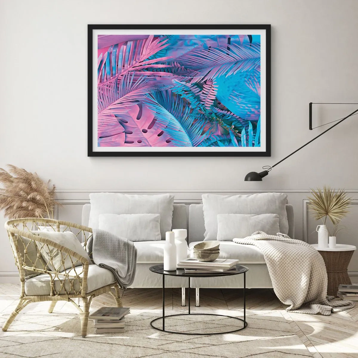 Plakát v černém rámu - Tropy v růžové a modré - 100x70 cm