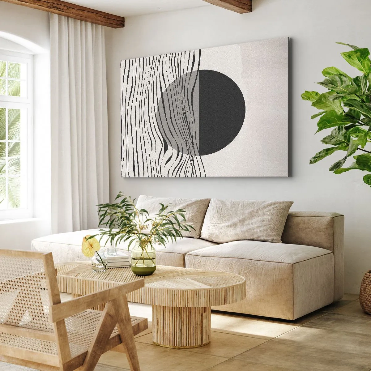 Obraz na plátně - Abstraktní linie a geometrické tvary v tlumených barvách - 70x50cm - Poloviční kompozice - Moderní nástěnná dekorace do obývacího pokoje a ložnice ARTTOR