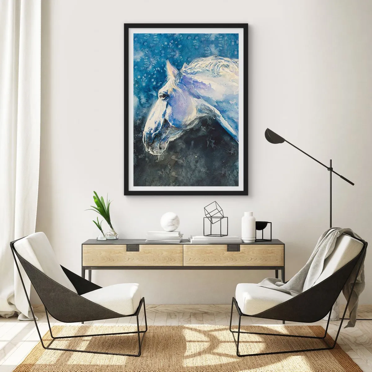 Plakát v černém rámu - Portrét koně v modrých akvarelových tónech - 50x70cm - Portrét v modré záři - Moderní nástěnná dekorace do obývacího pokoje a ložnice ARTTOR