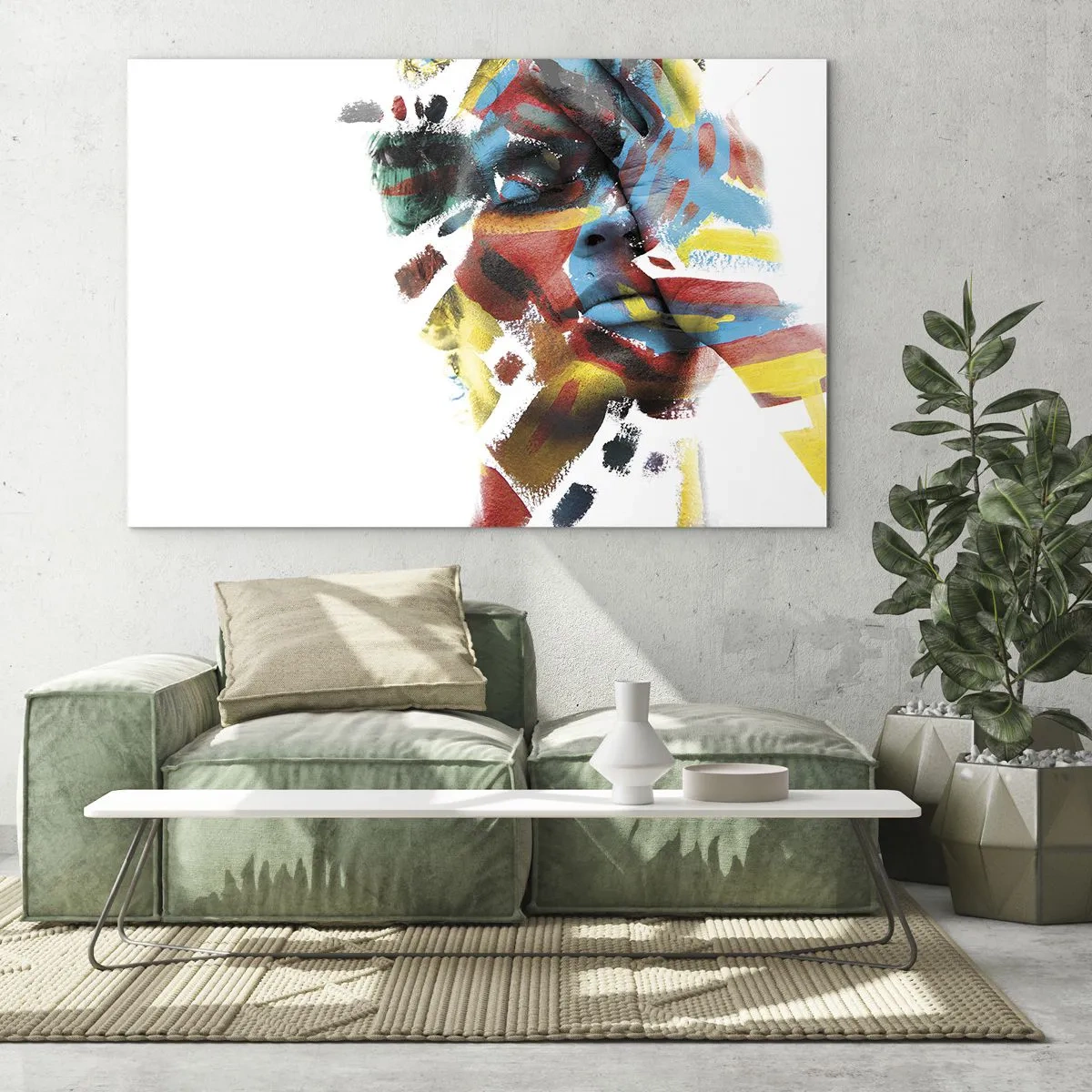 Obraz na skle - Portrét s abstraktními, barevnými akcenty na obličeji - 70x50cm - Pestrá osobnost - Moderní nástěnná dekorace do obývacího pokoje a ložnice ARTTOR