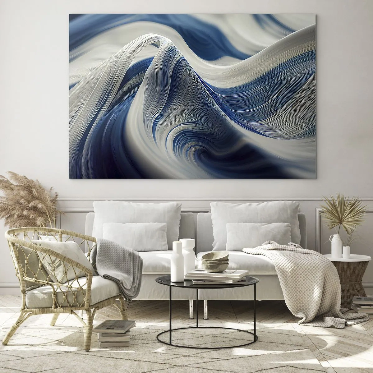 Obraz na skle - Dynamická abstrakce v odstínech modré a bílé - 70x50cm - Plynulost modré a bílé - Moderní nástěnná dekorace do obývacího pokoje a ložnice ARTTOR