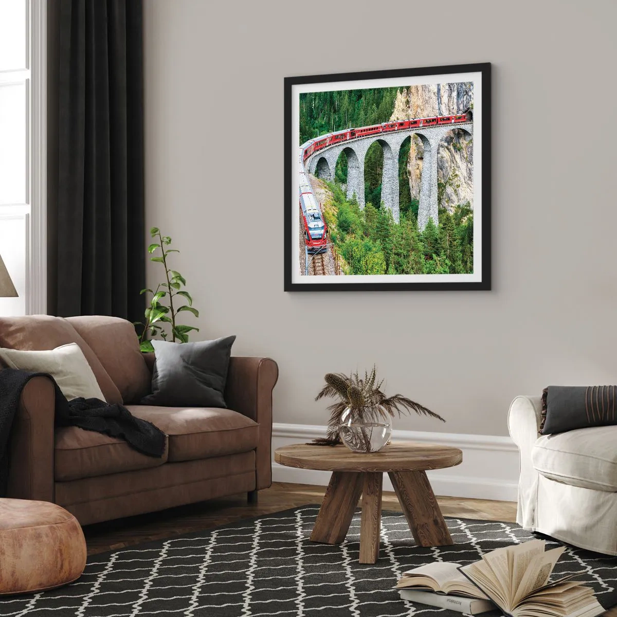 Plakát v černém rámu - Horský výhled přímo z vlaku - 40x40 cm