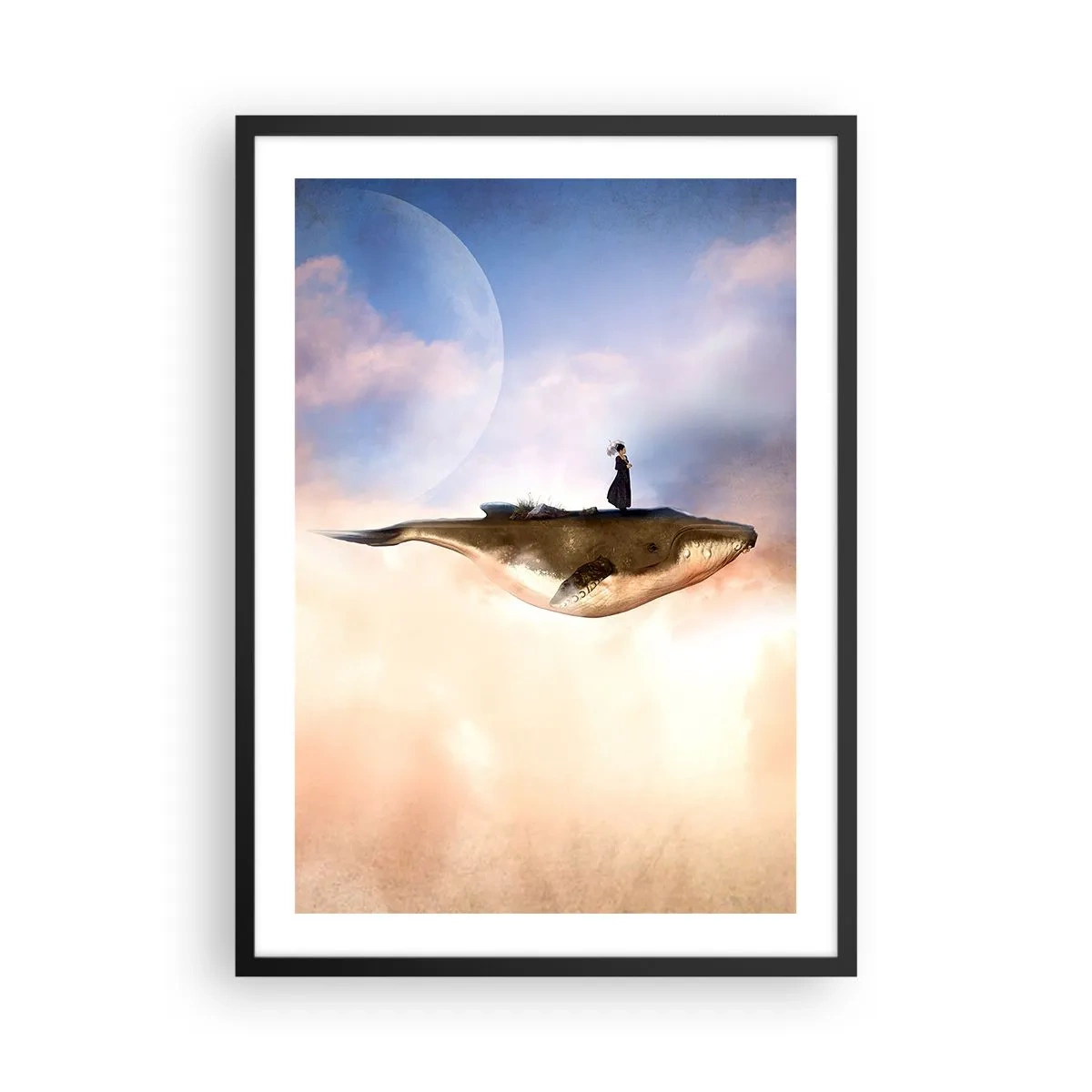 Plakát v černém rámu - Surrealistický obraz ženy jedoucí na velrybě mezi mraky. - 50x70cm - Surrealistická cesta - Moderní nástěnná dekorace do obývacího pokoje a ložnice ARTTOR