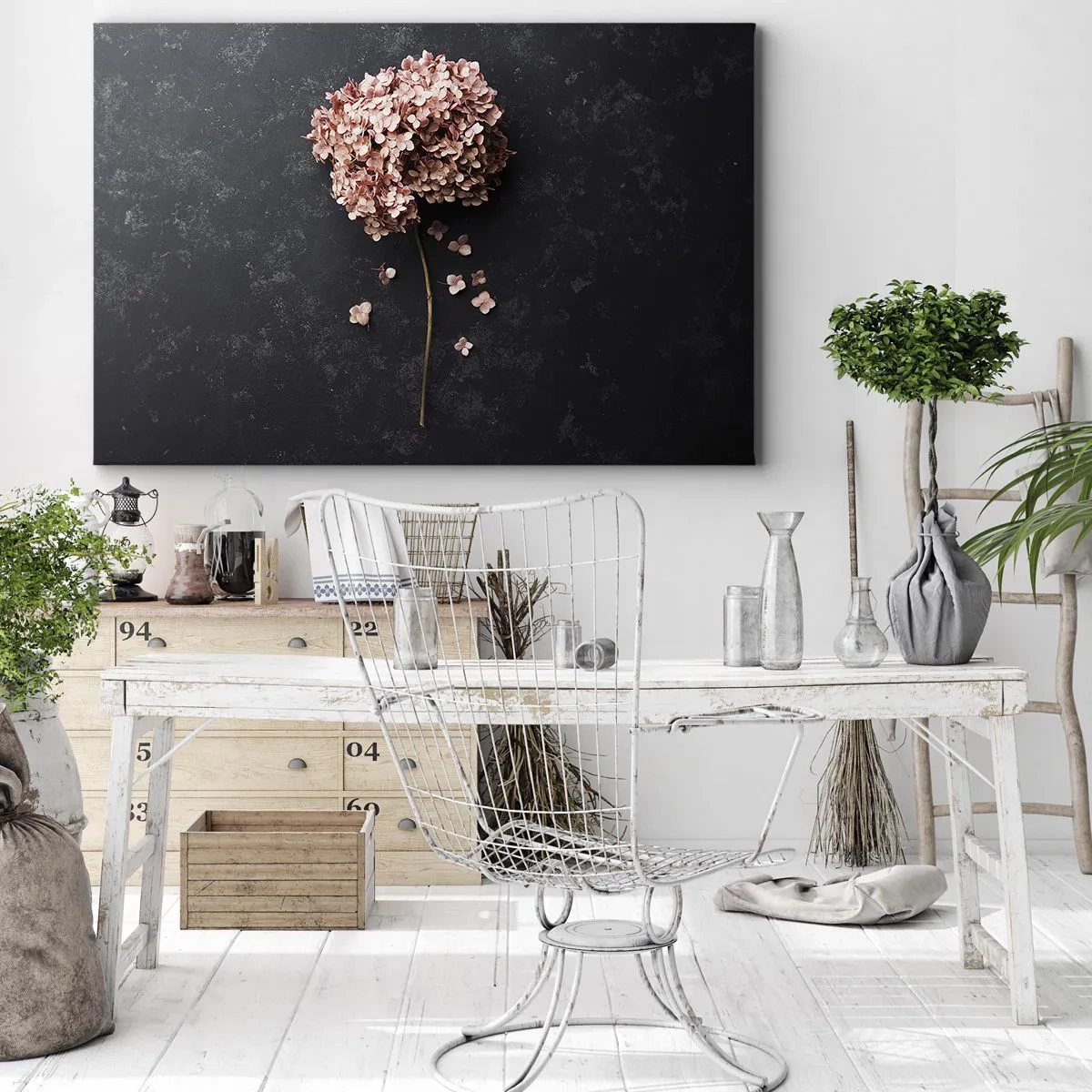 Obraz na plátně - Jemný květ hortenzie na tmavém pozadí - 70x50cm - Skutečně romantické znamení - Moderní nástěnná dekorace do obývacího pokoje a ložnice ARTTOR