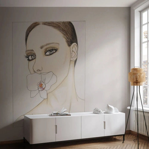 Fototapeta Standard Eco - Žena s orchidejí v ústech v minimalistické skici. - 100x70cm - Symbol elegance a krásy - Moderní nástěnná dekorace do obývacího pokoje a ložnice ARTTOR
