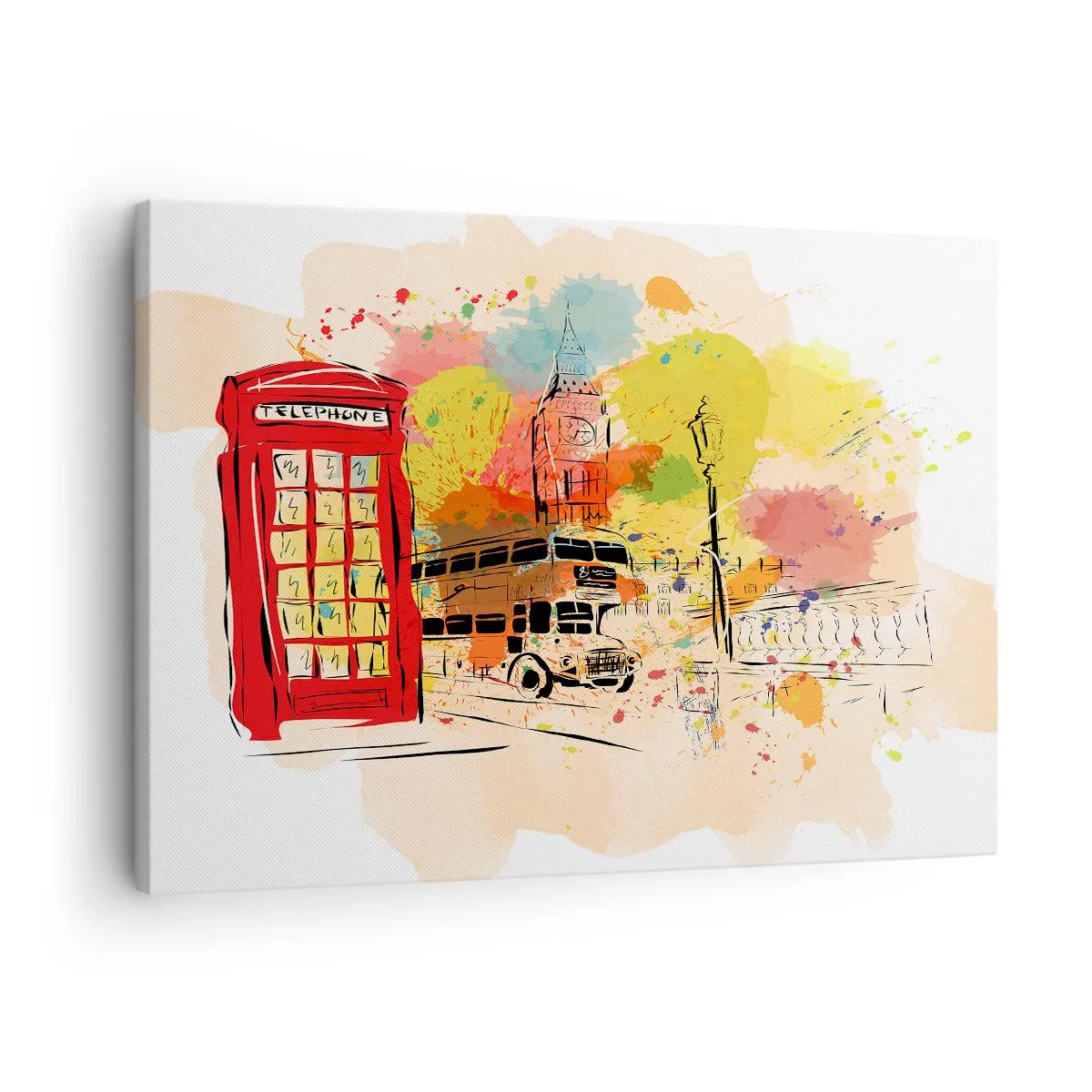 Obraz na plátně - Londýnské téma s červeným autobusem a budkou - 70x50cm - Město různorodostí - Moderní nástěnná dekorace do obývacího pokoje a ložnice ARTTOR